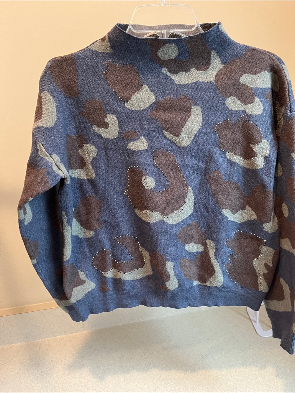 Men's Blue and Brown Patterned Crew Sweater